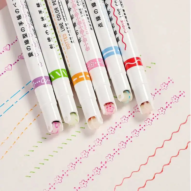 라인 모양 하이라이터 펜, 멀티 컬러 롤러 팁 커브 라이너 마커, 참신한 문구, 학교 그래피티 아트 펜, 6 개