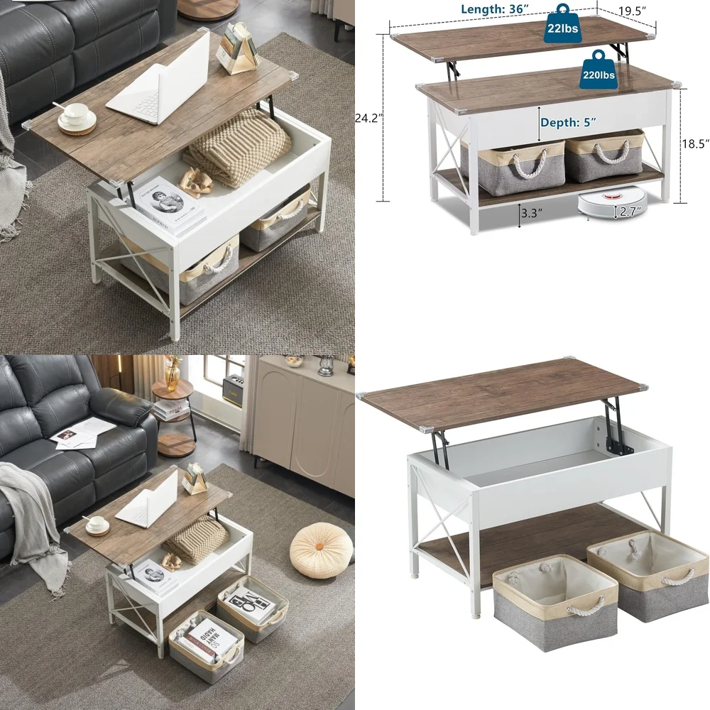 Café TablesLift Top Coffee Table 36 Inch with Storage Bins White Walnut Finish Modern Design