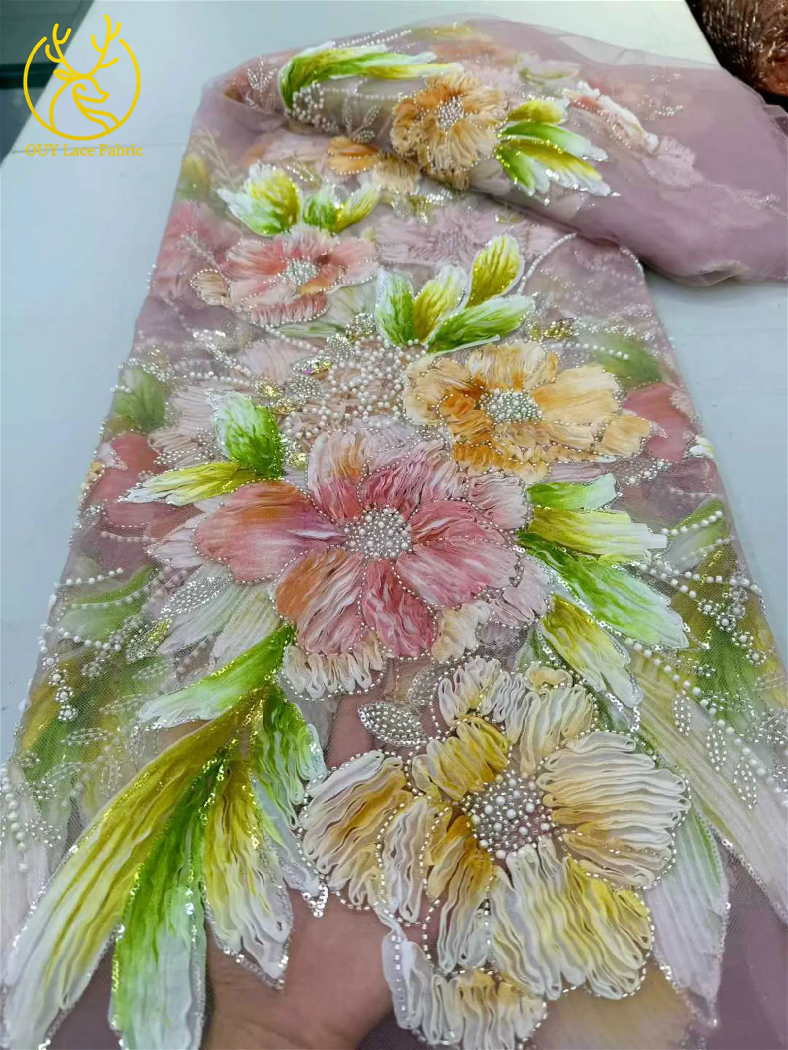 Afrika 3D-Blumenspitzenstoff 2026 Französischer Perlen-Pailletten-Spitzenstoff Nigeria Stickerei Tüll Spitze Brautparty Brautkleider – Detail 8