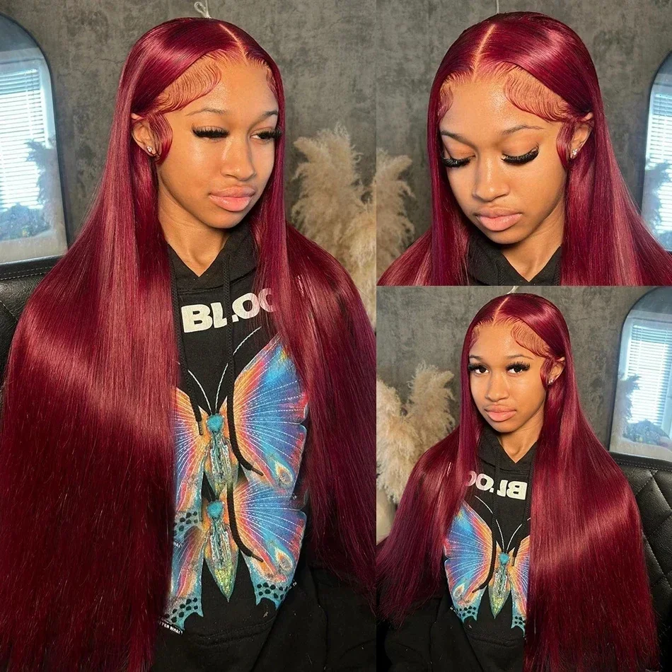 

200 Density 99J Red Burgundy Colored Straight 13x6 HD Lace Front Wig Transparent Lace Frontal Human Hair Wigs For Black Women