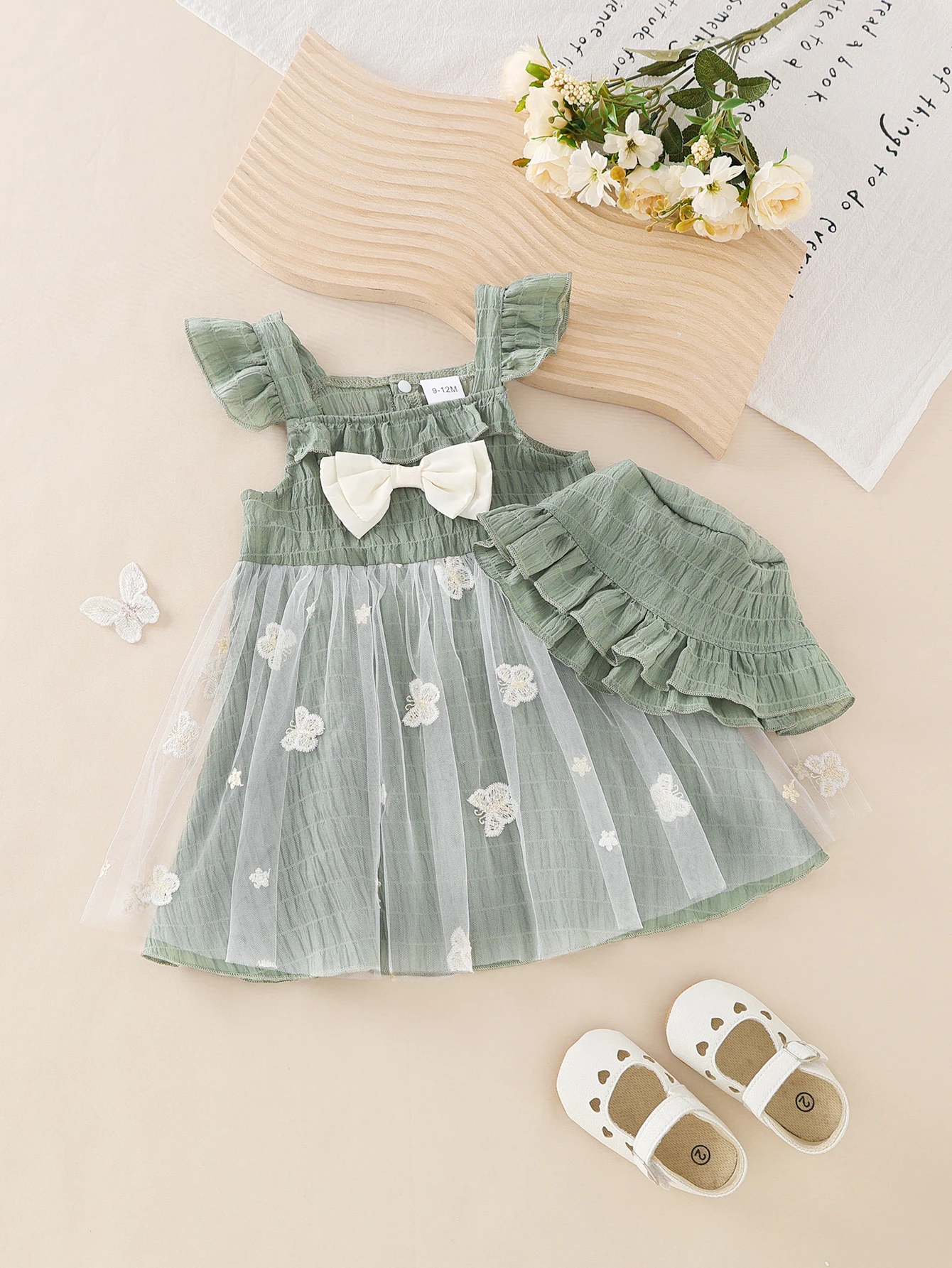 

Adorable Baby Girl Casual Dress Set with Butterfly Pattern Mesh Sleeves And Hat 2pcs Outfit