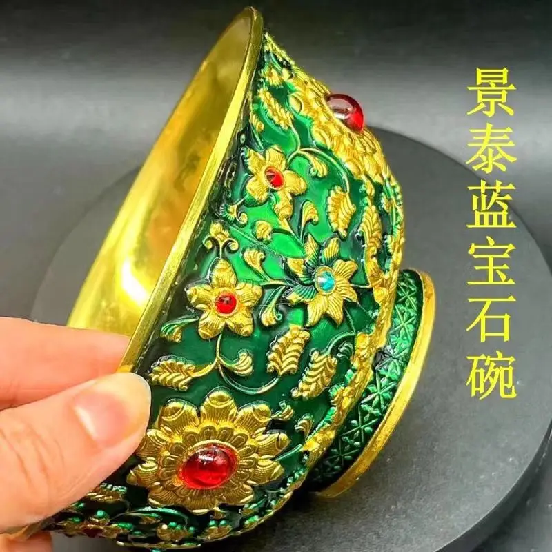 

Rare handmade three-dimensional Qianlong gemstone gold bowl cloisonné painted gold gilt flowers bloom rich copper bowl