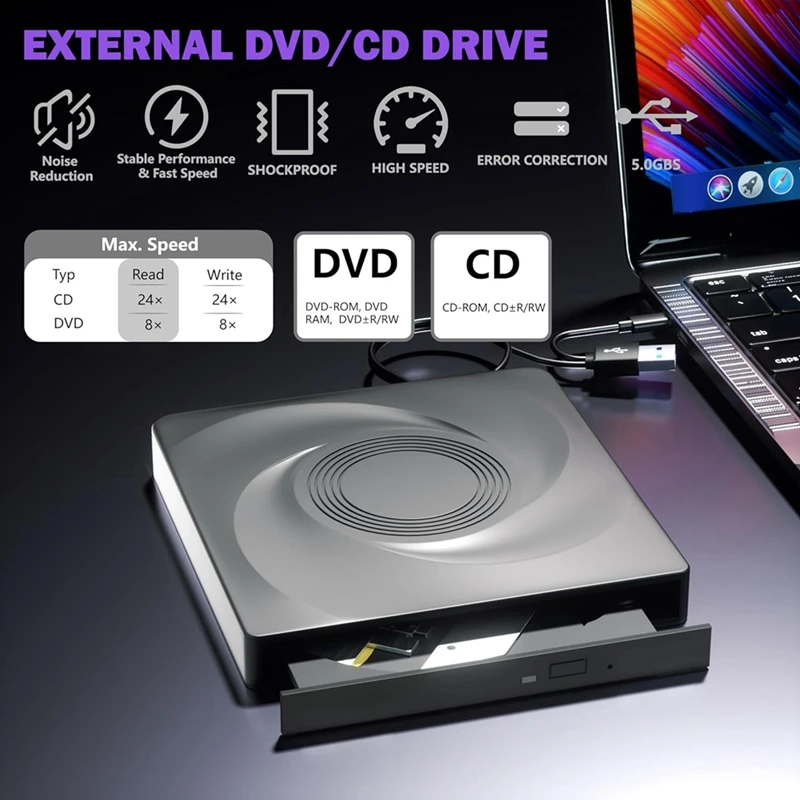 Lecteur externe CD/DVD, pour ordinateur portable, PC, Windows 11/10/7, Linux, Mac OS