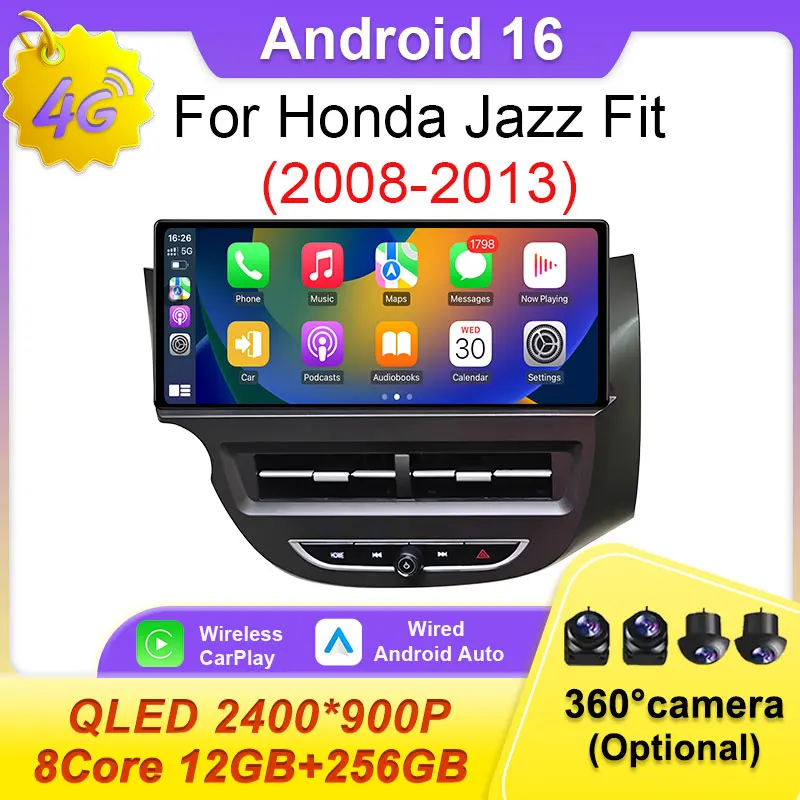Radio Multimedia para Auto con Pantalla de 12.3 Pulgadas, Android 16, LHD, para Honda Jazz Fit 2008-2013, Carplay, Reproductor, Accesorios para Auto, Estéreo, GPS, Navegador, WiFi