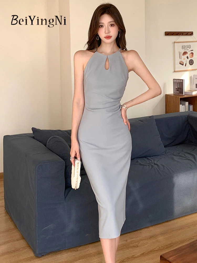 

Beiyingni Sexy Slim Hollow Out Mini Dress Women Solid Color Casual Fashion Summer Korean Midi Dresses Ladies Blue Sleeveless