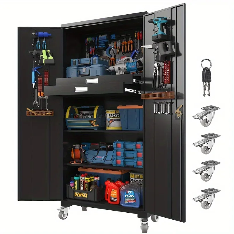 Gabinete de herramientas, gabinete de herramientas móvil con cajón, gabinete de garaje negro de 72 pulgadas con partición ajustable con cerradura, con ruedas, cajones a