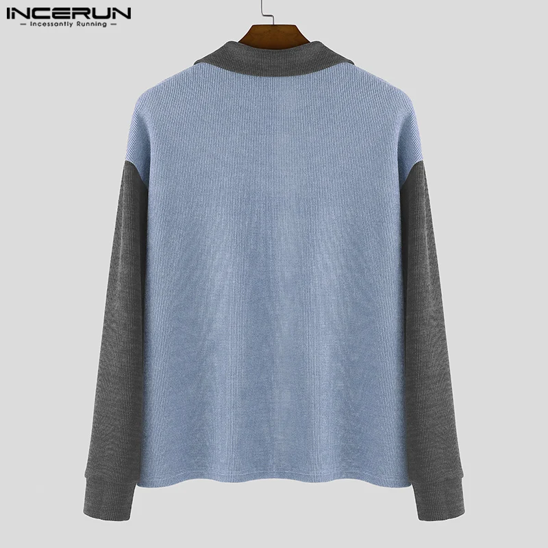 INCERUN Men Pullovers Patchwork Lapel Long Sleeve Knitted Spring Autumn Casual Male Sweater Zipper Streetwear Men Clothing S-5XL