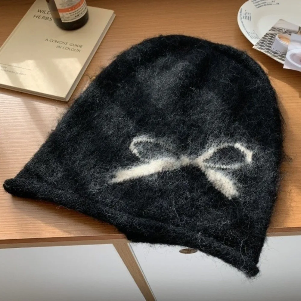 

Cute Printed Bow Jacquard Knitted Hat Warm Wool Printing Beanies Korean Style Big Head Circumference Ear Protection Hat Girls