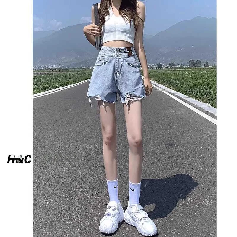 

High Waist Thin Denim Shorts Women's Loose Wide Leg Slimming A-Line Hot Pants Summer Double Buckle Distressed Cotton Stretch