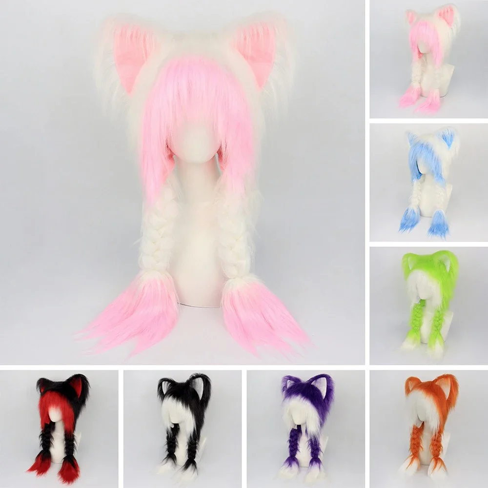 

Y2K Cat Ears Hat Kawaii Long Plush Fox Ear Double Braid Fashion Versatile Anime Fall and Winter Cap Halloween Dress Up Headwears