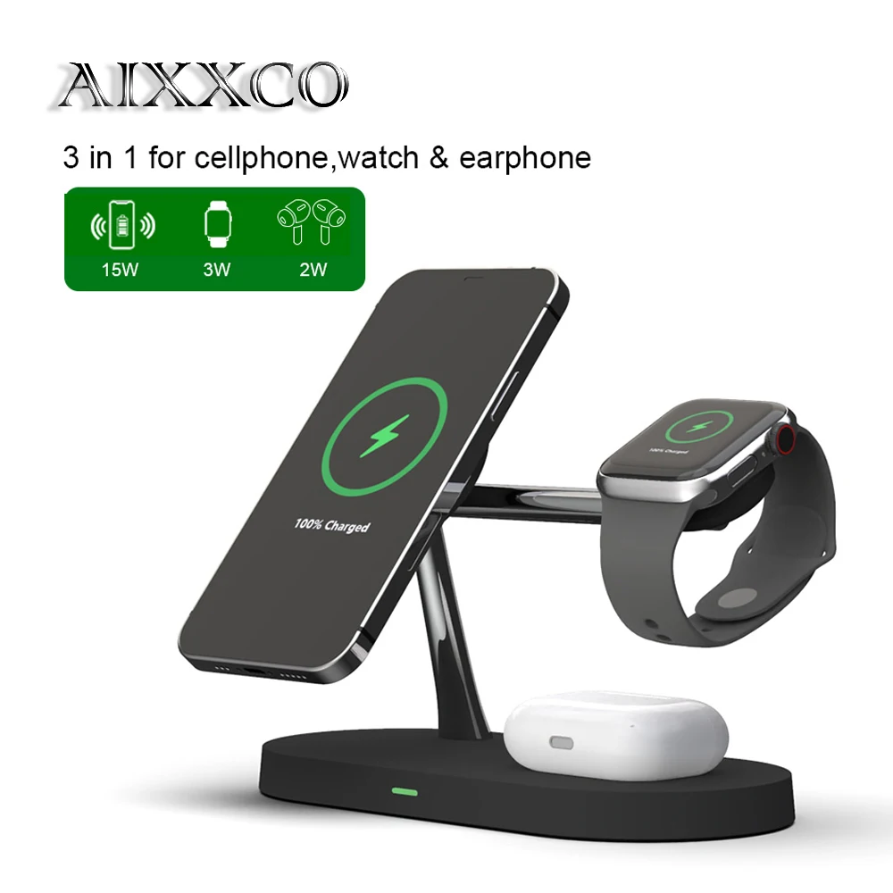 AIXXCO 5 In 1 Magnetic Wireless Charger Stand For iPhone 15 14 13 Pro Max Apple Watch 8 7 6 Airprods Fast Charging Station