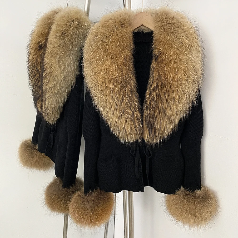 Knitted Fur Coat Reality Fur Coat Lace Sweater Lady Parka with Natural Fur Real Fur Detachable Patchwork Cardigan for Women