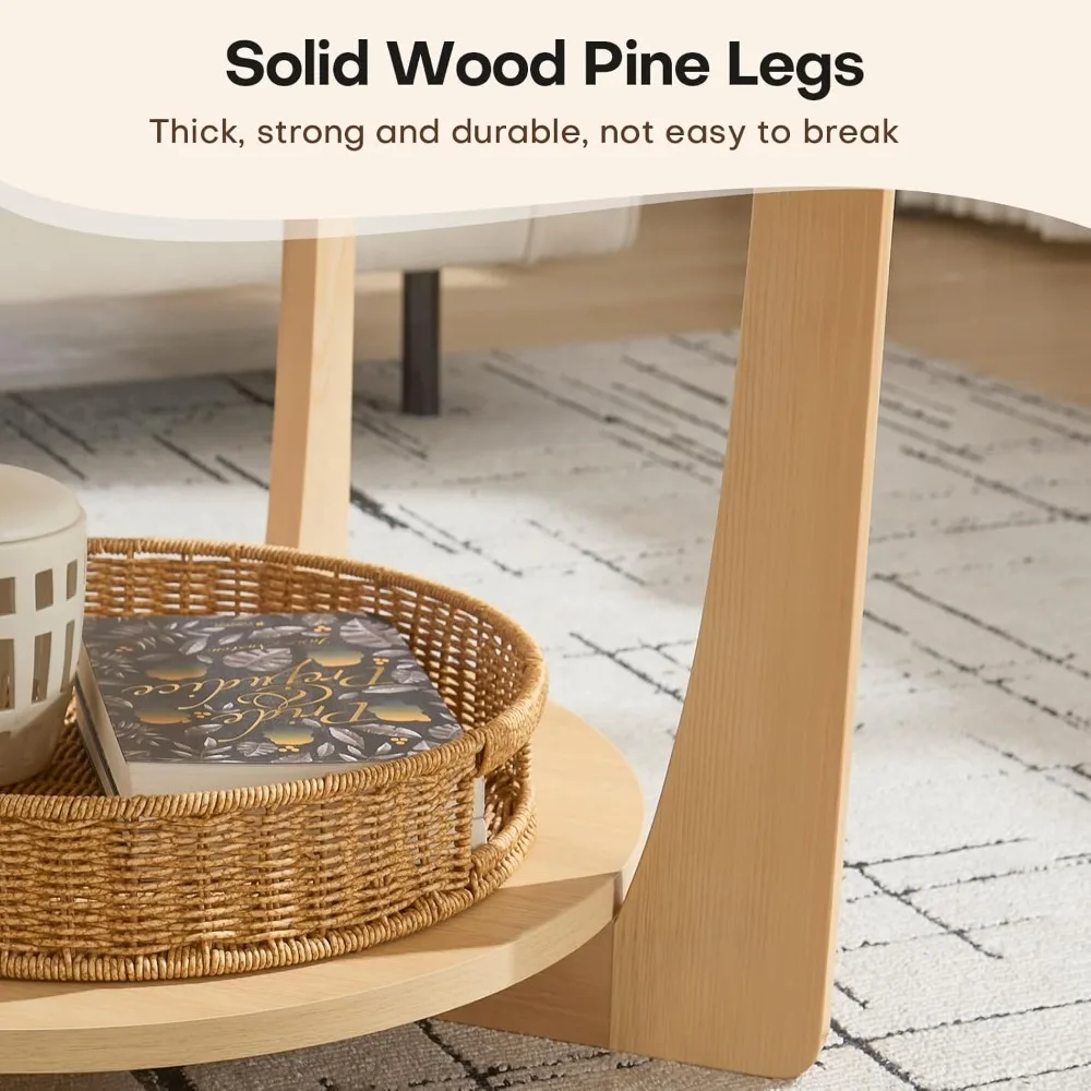 31.5'' Round Coffee Table with Solid Wood Pine Legs, 2-Tier Boho Wood Coffee Table with Storage Shelf, Small Modern Circle Cente