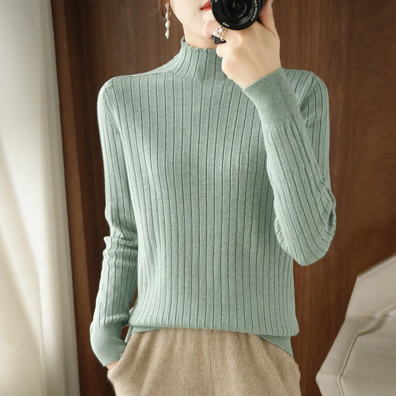 Autumn Winter New Women Wool Sweater Lace Half High Collar Vertical StripePullover Casual Knitted Loose Tops Female Soft Sweater