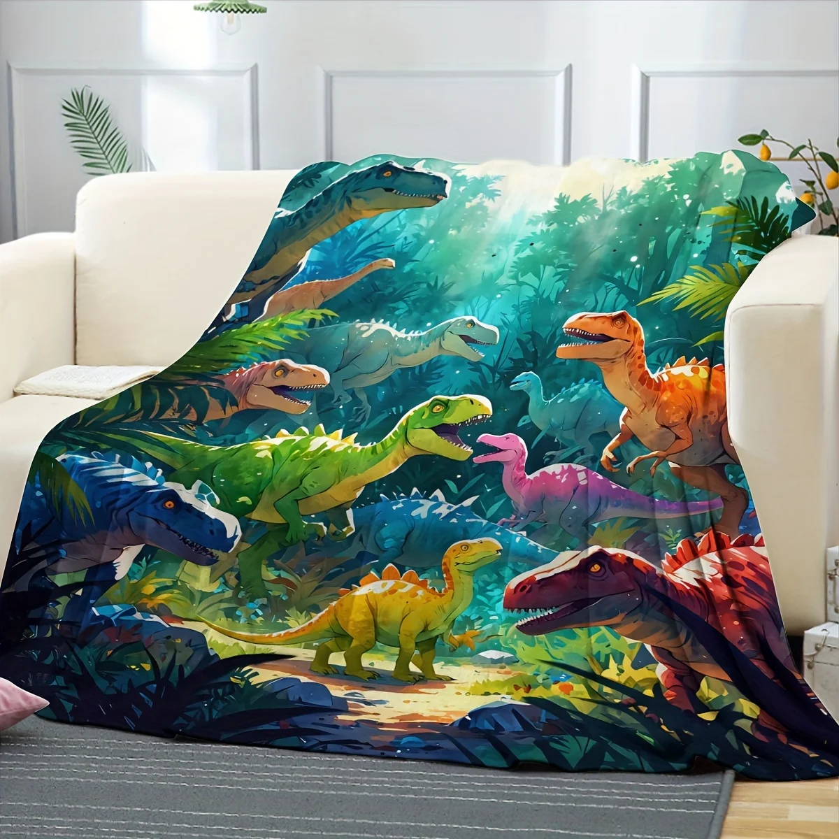 Colorful Dinosaurs in Jungle Blanket - Soft, Cozy, Stylish Decor for Ultimate Home Comfort and Ideal Gift Choice