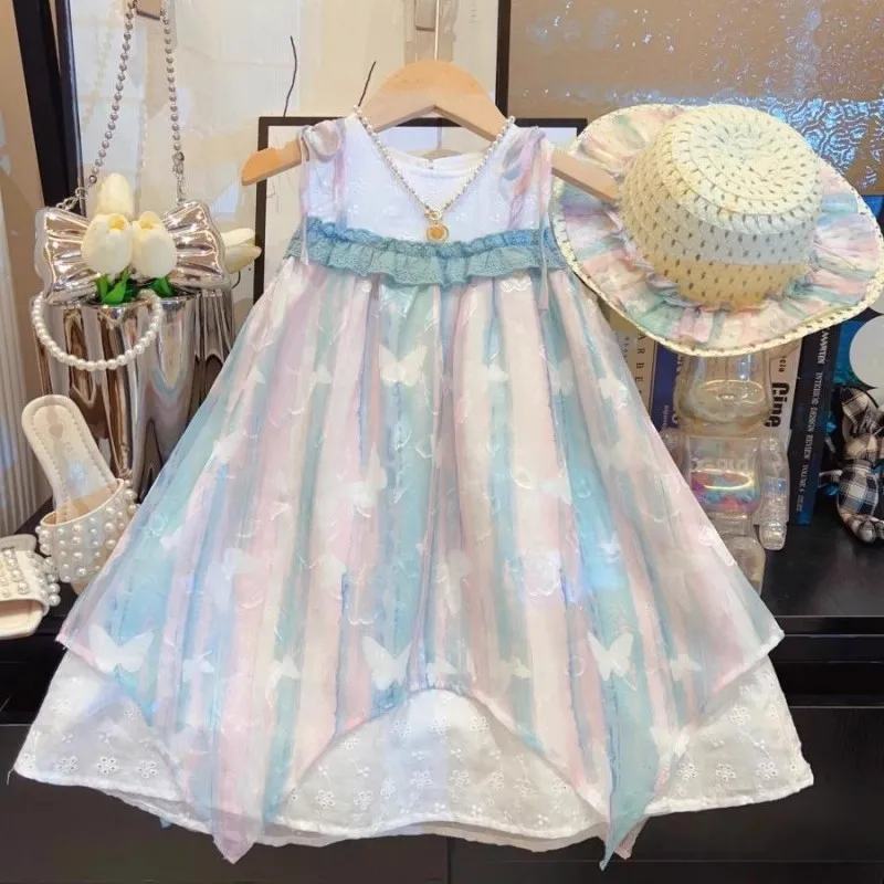 Girls Dress Sweet 2025 Summer Girls Fake Two-piece Tank Skirt Girls Treasure Cute Sleeveless Mori Princess Dress