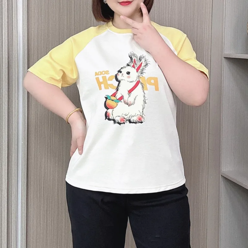 

Rabbit Print With Raglan Sleeve Top 2024 Summer New Plus Size Women Loose Casual Scuba Knitting Fabric T-shirt