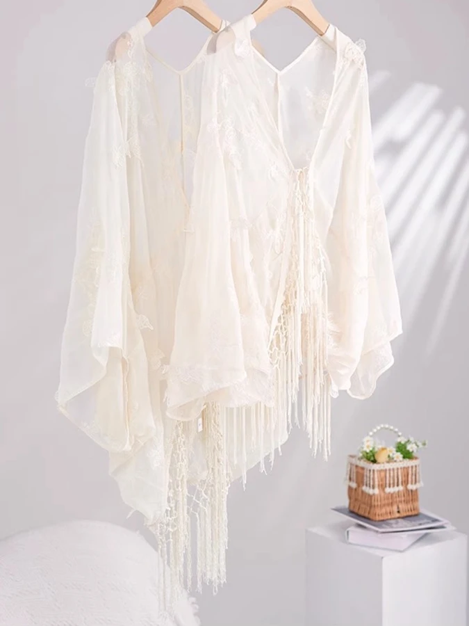 

Rose adow Embroidered Tassel Chiffon Fairy Aosphere Open Cardigan Long ort Spring New Heavy Work Casual Sle
