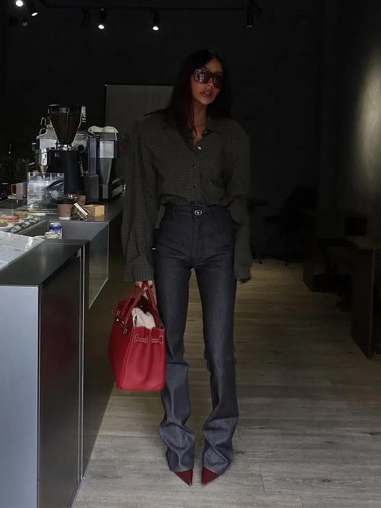 

Модные офисные рубашки в клетку для женщин: блузка с отложным воротником, длинными рукавами, однобортная, с подплечниками, весна 2026, повседневная уличная одежда