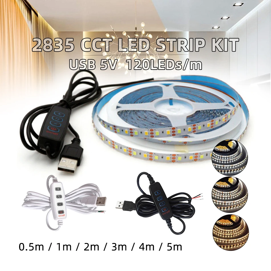 0.5-5M USB 5V LED Dual kolorowy pasek zestaw oświetleniowy 120 LEDs/M 3000K 4000K 6000K CCT elastyczna taśma lampa na barek 4-Key 2M sterownik ściemniacza