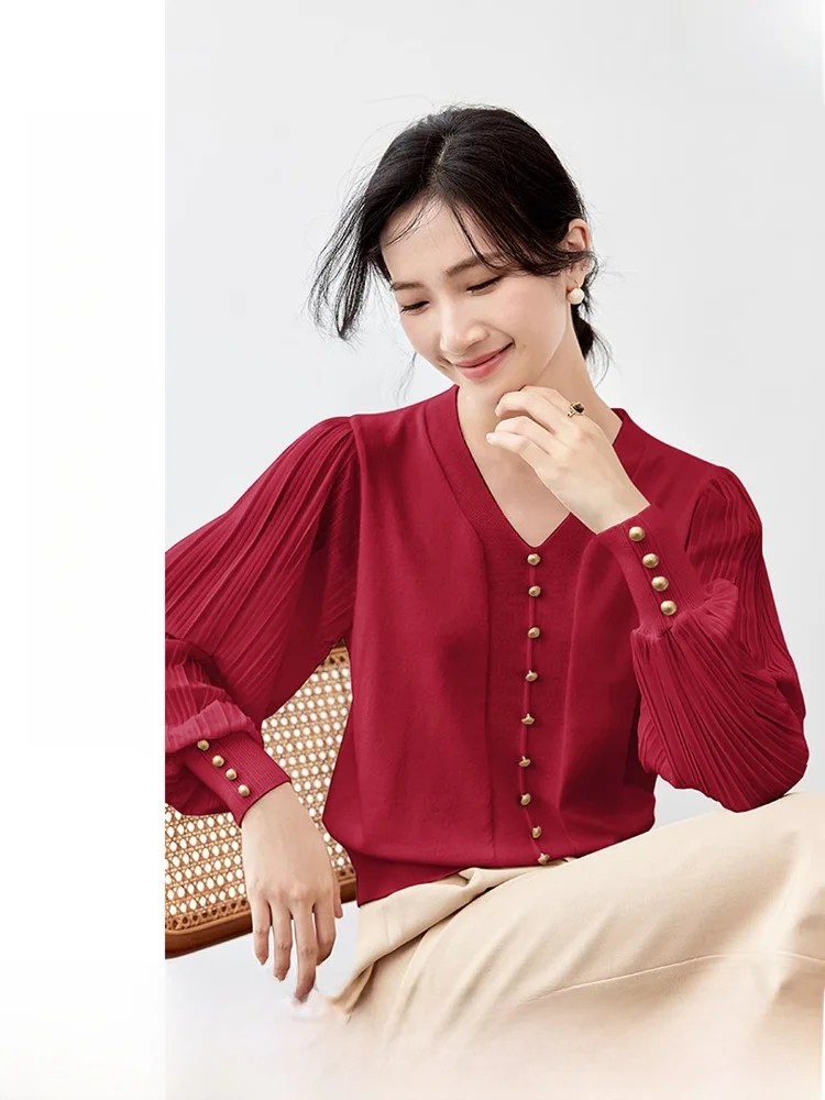

Comfortable V-Ne Long Sve Knitted Sweater Women's Faionable Straight Cut Spring 2026 New Sle Metal Button Top