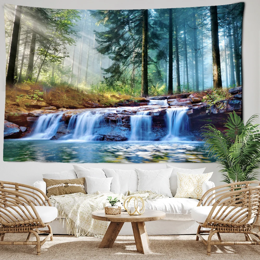 Misty Forest Waterfall Tapestry Wall Hanging Minimalist Natural Art Bohemian Hippie Bedroom Living Room Home Decor