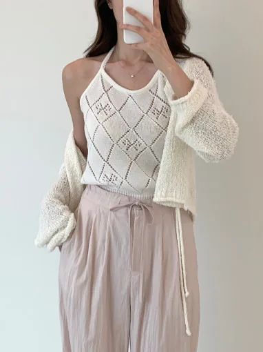 Chic Summer Sexy Bal Design Versatile Slimming Knitted Top Women's Hanging Ne  Ba Knot Weaving Upper Apparel