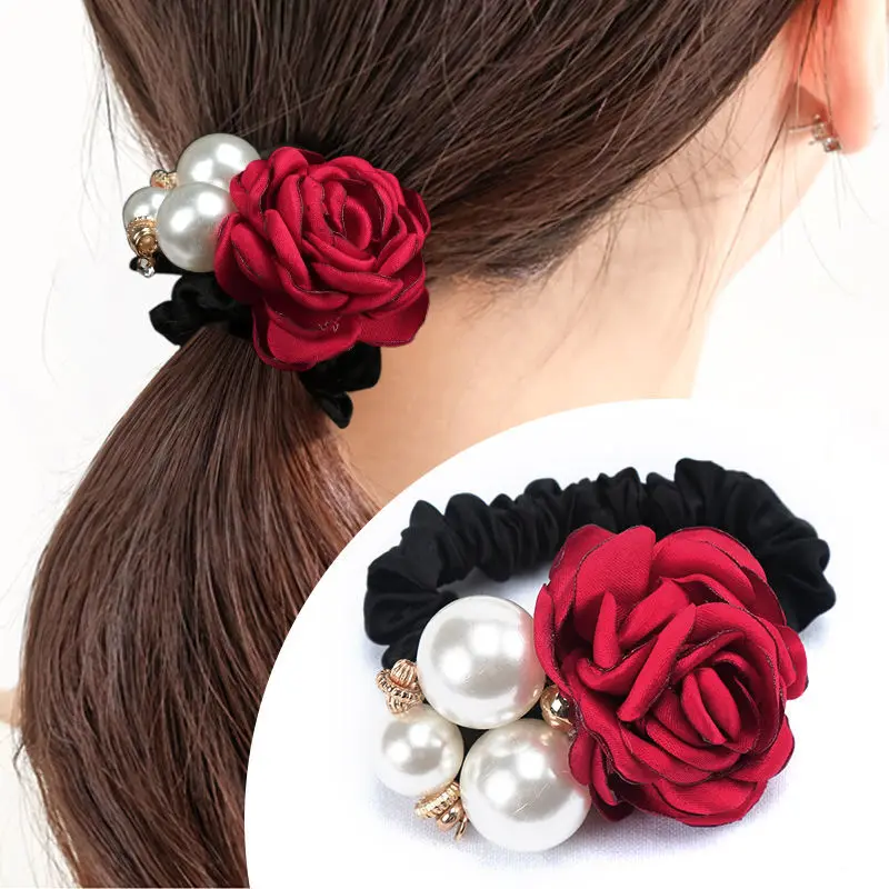 Fashion Big Imitate Pearl Rose Flower Hair Band for Women Girl Rhinestone Rope Ladies Rubber Ring Elastic Scrunchies Headwear