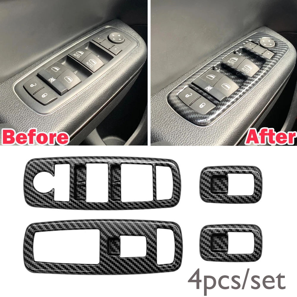 Para Dodge Charger 2016-2021 Panel de elevación de ventana Interior embellecedor negro fibra de carbono ABS Decora cubierta de interruptor de ventana Interior embellecedor 4 Uds