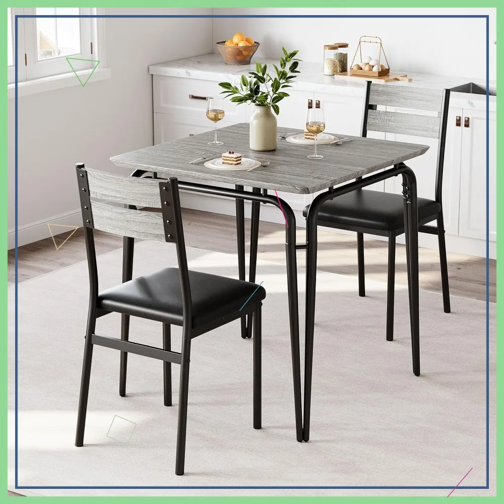 Compact 3-Piece Dining Set for Small Spaces, Square Table with 2 Padded Chairs, Apartment Kitchen Furniture