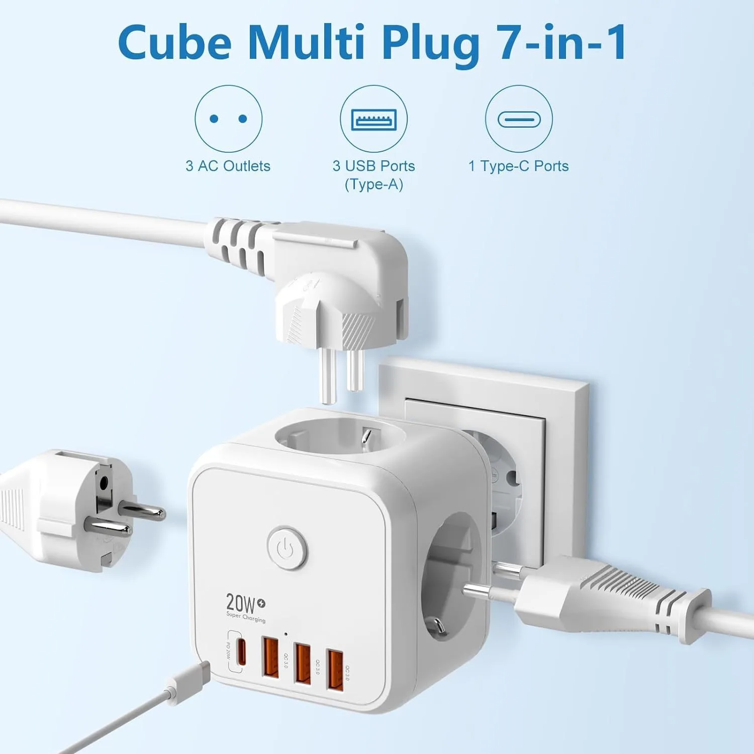 

Сетевой адаптер EU Plug 7-в-1, 20WDP, USB 3.0, Type-C, супербыстрая зарядка, с выключателем и защитой от перегрузки, настенная розетка, удлинитель, для дома
