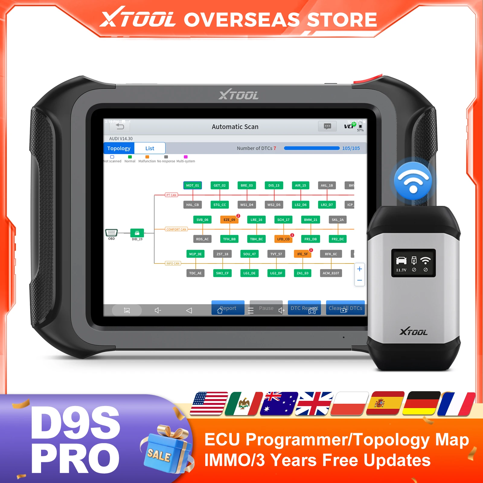 XTOOL D9S PRO D9SPRO WIFI Diagnostic Tool ECU Programmer Automotive Scanner Topology Map VAG Guided 45+Resets FCA/CANFD/DOIP