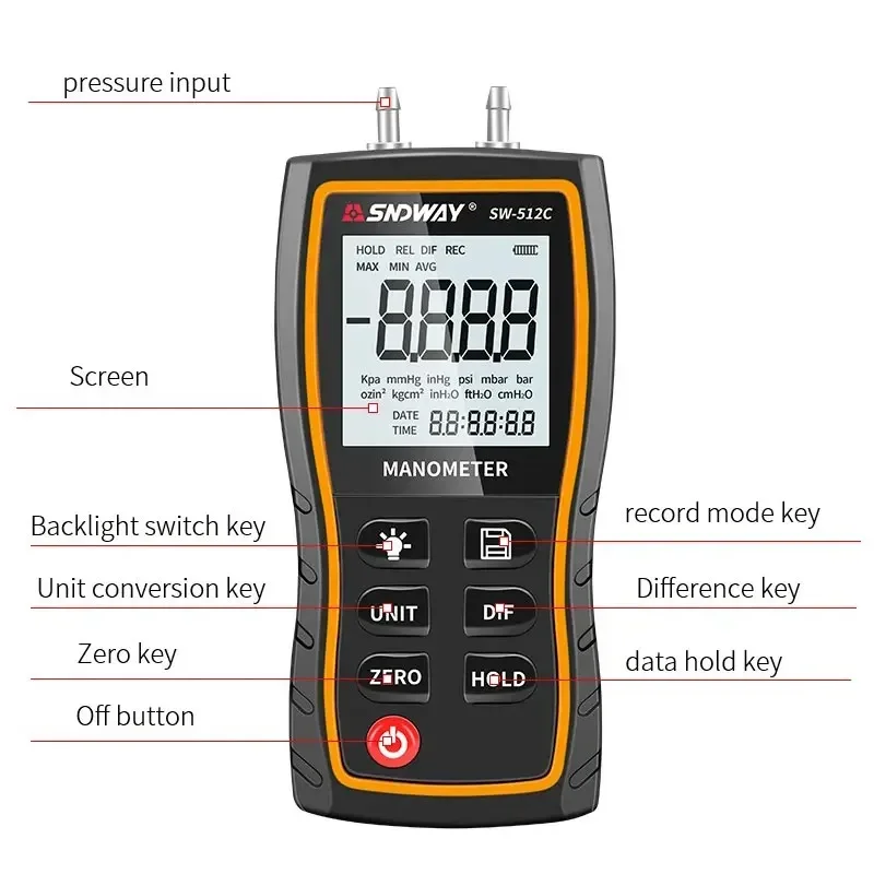 SNDWAY Digital Manometer Air Pressure Gauge ±103.42 KPa 0.01 Resolution air pressure Differential Gauge Kit Tool SW-512A/B/C