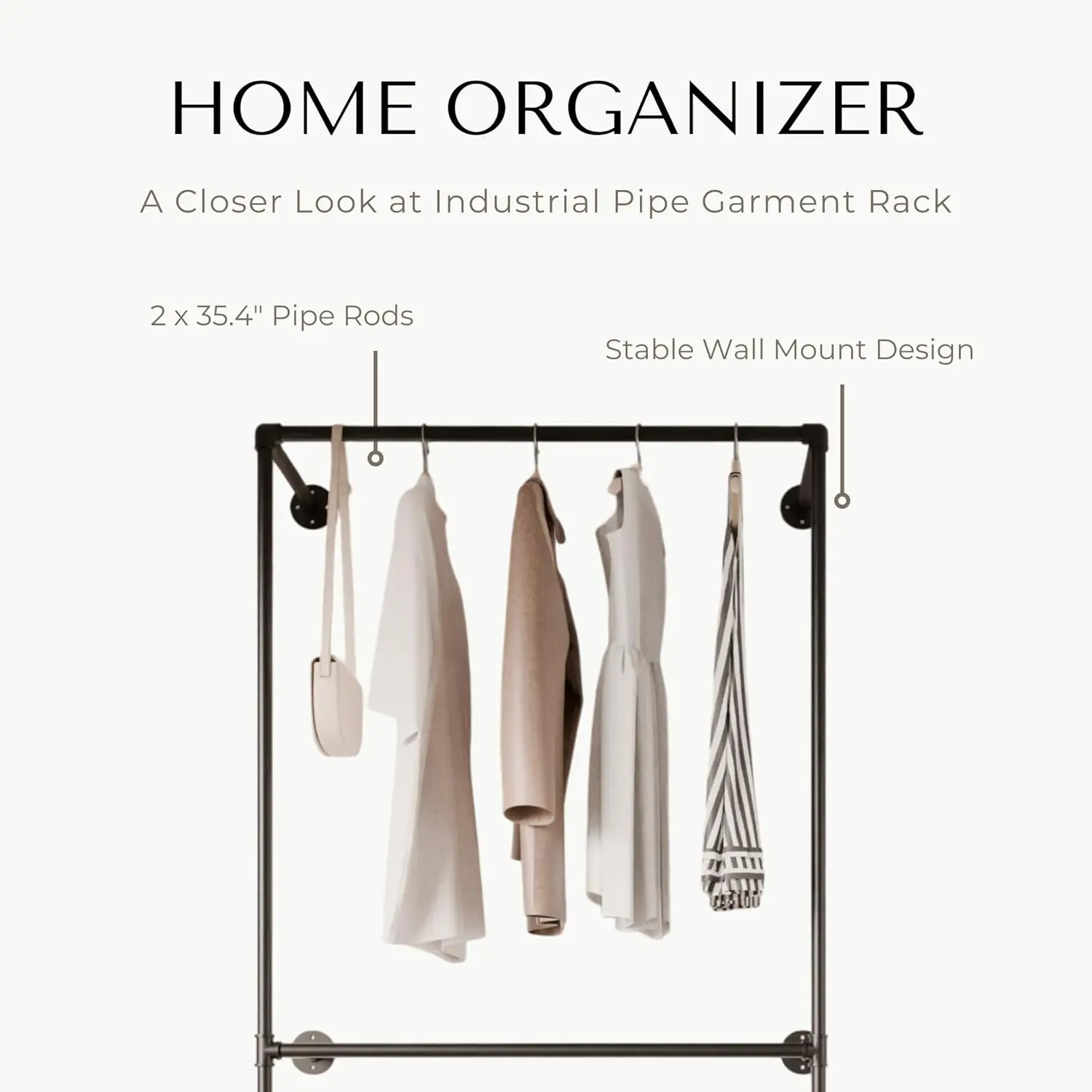 

Heavy Duty Wall Mounted Clothing Rack - Industrial Pipe Garment Rack With Hanging Rods, 14.6X37.4X82.7 Inches, Model K01