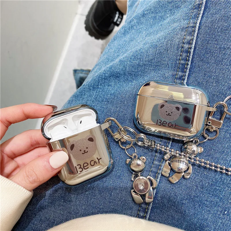 Electroplated Mirror Bear Earphone Case with Chain for Apple Airpods Pro 3 Case for Airpods 3 3rd Generation Air Pod 2 1 Case