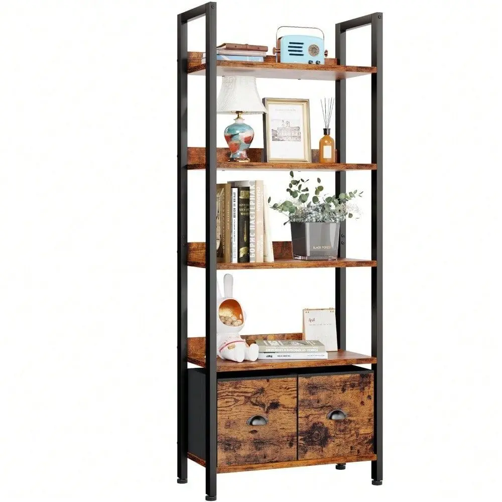 

Bookshelf, Tall Bookcase With 2 Storage Drawers, Adjustable Industrial Display Standing Shelf Units, Wood And Metal Storage Rac