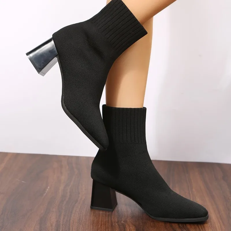 Women Elastic Knitted Socks Boots Woman Slip on Stretch Fabric Ankle Boots Autumn Fashion Square Toe Thick High Heels