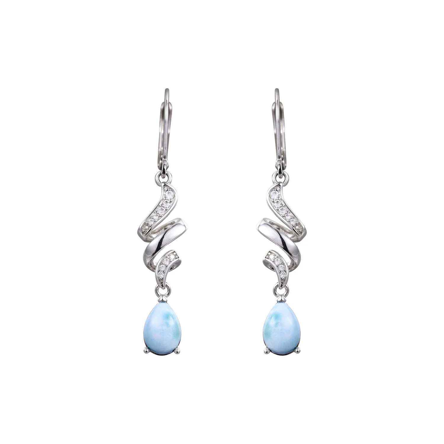 

JieLing Rhodium Plated Spiral Earrings with Larimar Stone Drop Diamond Accents Elegant Dangle Jewelry Gift for Women