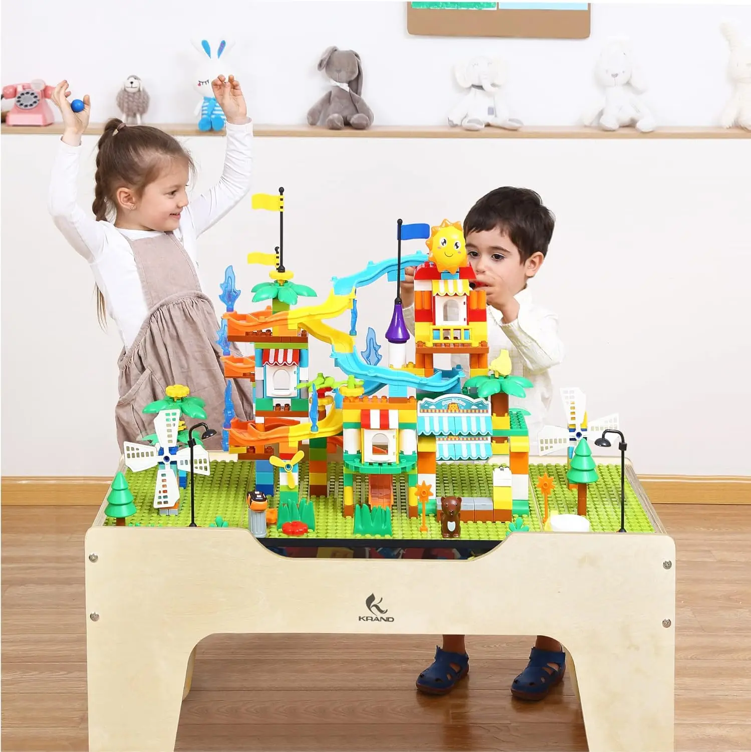 Mesa de juegos de actividades todo en uno para niños, con 290 ladrillos de construcción y juego de trenes de madera de 30 piezas, ferrocarril, coches, pista y accesorios