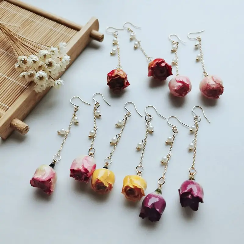 

Elegant Natural Rose Earrings Epoxy Resin Natural Rose Flower Earrings Multicolor Immortal Rose Pearls Tassel Earrings Wholesale