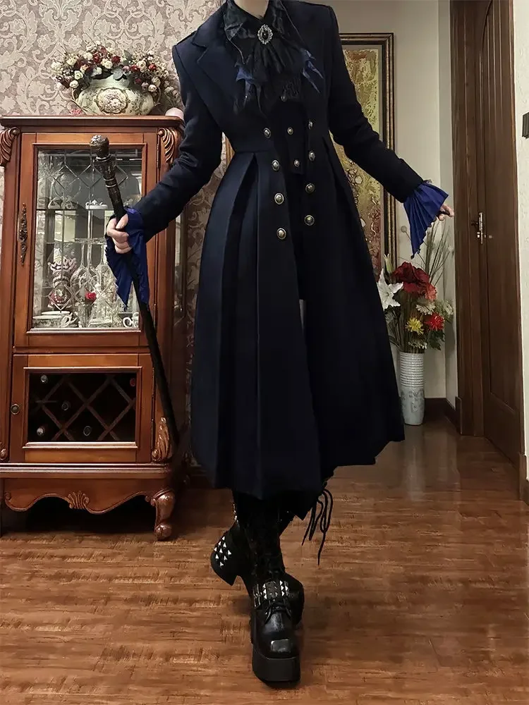 Y2k Harajuku Vintage Lolita Coat Women Autumn Winter Black Trench Women's Jackets Slim Waist Double Breasted Tops Punk