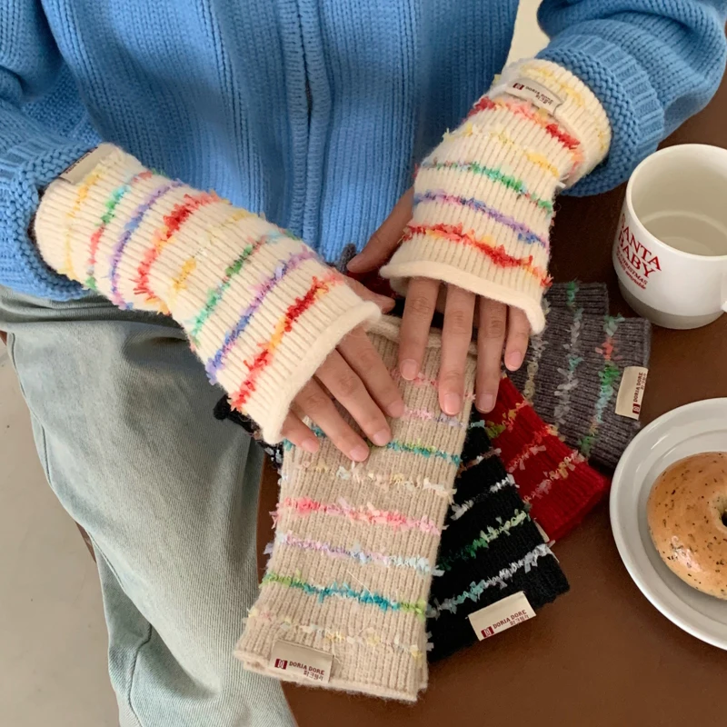 Kleurrijke Strepen Handschoenen Winter Handschoenen Gebreide Mouw Handschoenen Winter Meisje Student Effen Kleur Gebreide Handschoenen Voor Vrouwen