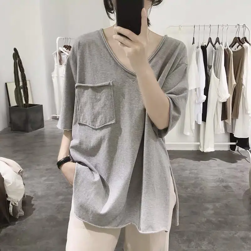 95% Cotton Split T-shirt for Women\'s Summer Loose Slimming Korean Version Rolled Edge Front Short Back Long Short Sleeved Top