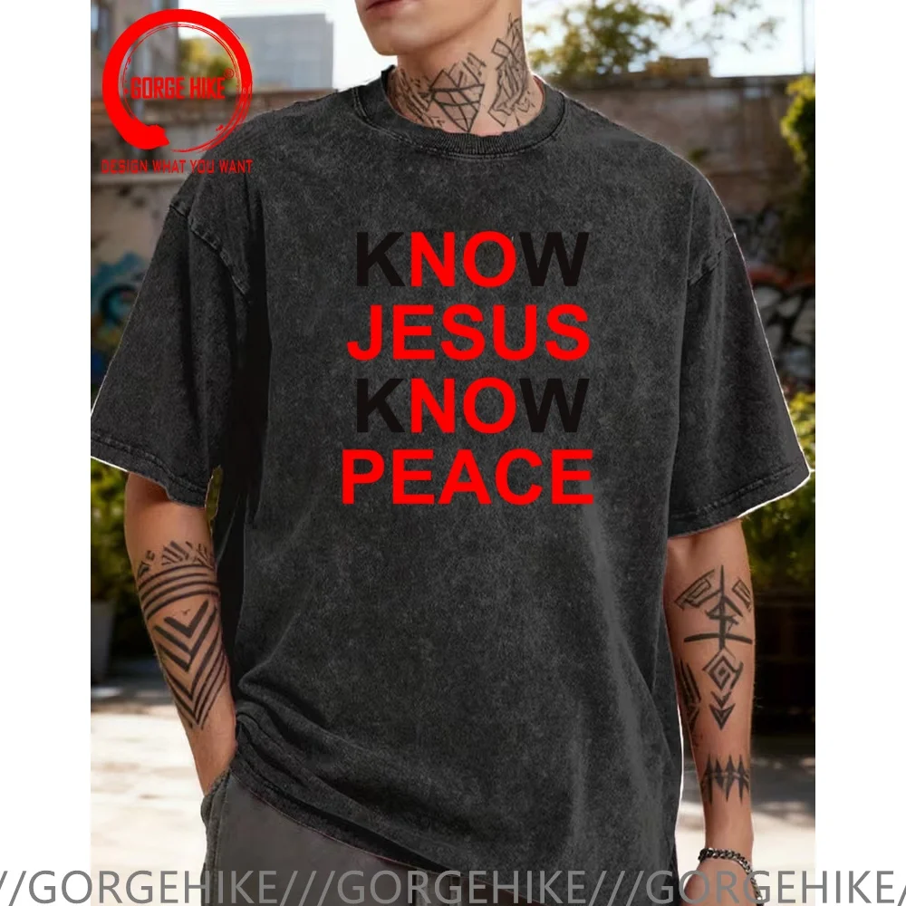

Винтажная футболка из выстиранного хлопка с забавным дизайном «Знай Иисуса, знай мир», мужская модная трендовая повседневная одежда, стильные топы и футболки