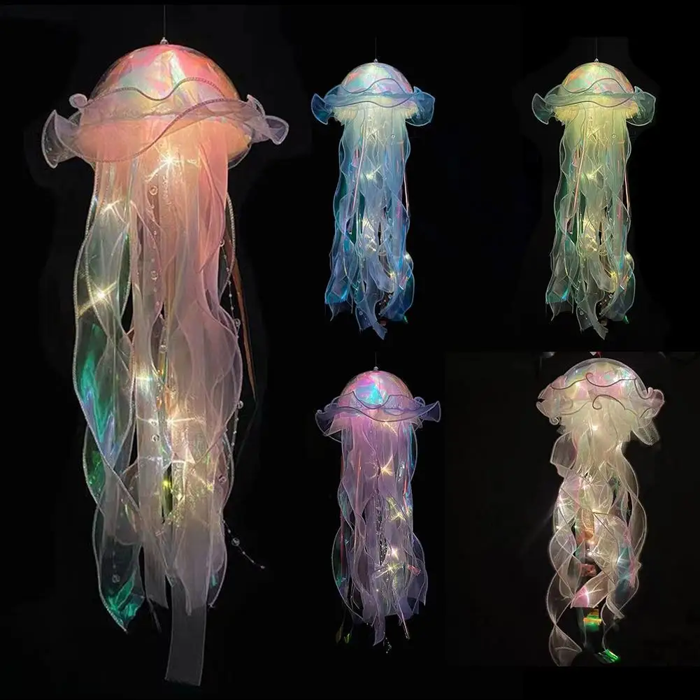 Jellyfish Colorful Nightlight Button Battery Hanging Ceiling Lantern Realistic with Ribbon&Bead for Room Decoration