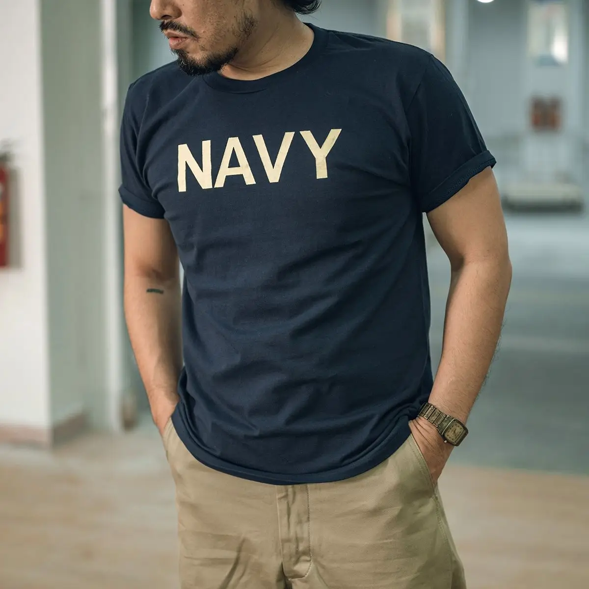 Qingtian Workwear, American Retro Round-neck NAVY Pure Cotton Printed Short-sleeved T-shirt Men's Amei Kaki Tough Guy Base Layer