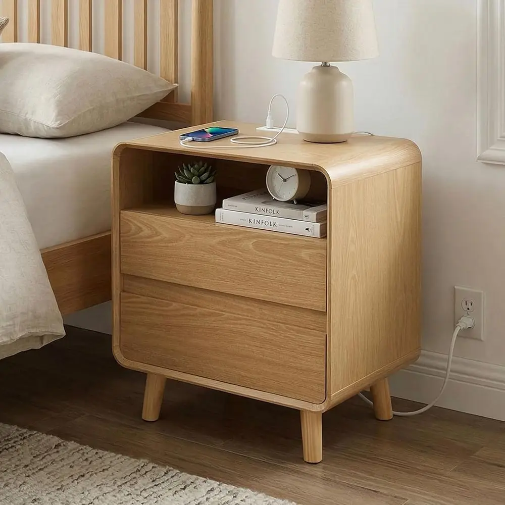 

ern Nightstand with Charging Station, Wood End Tables Bedroom Nightstands with Ders, Wide Curved Bede Table or Kids Bedroom, Liv