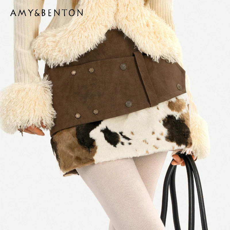 

Original Retro Design Colorful Plush Spliicng Women's Skirt Autumn Winter Sweet Cool Sexy Versatile Leather A-line Skirts Ladies