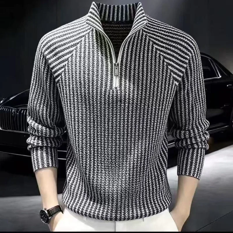 Men's Half Zipper Pullover Sweatshirt Splicing Vertical Stripes Stand Collar Slim Fit Top Business Casual Streetwear Sweatshirt