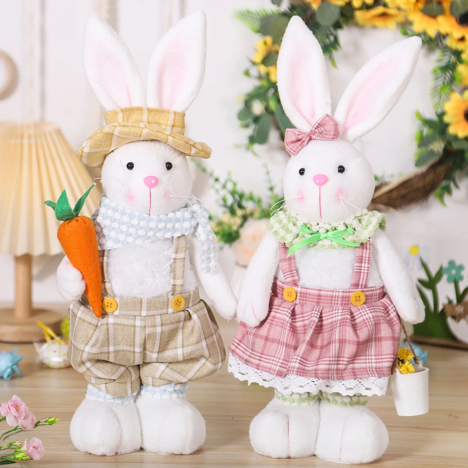 Easter Rabbit Cartoon Retractable Leg Couple Rabbit Doll Home Decorative Ornament Overalls Skirt Bunny Doll Easter Party Gifts